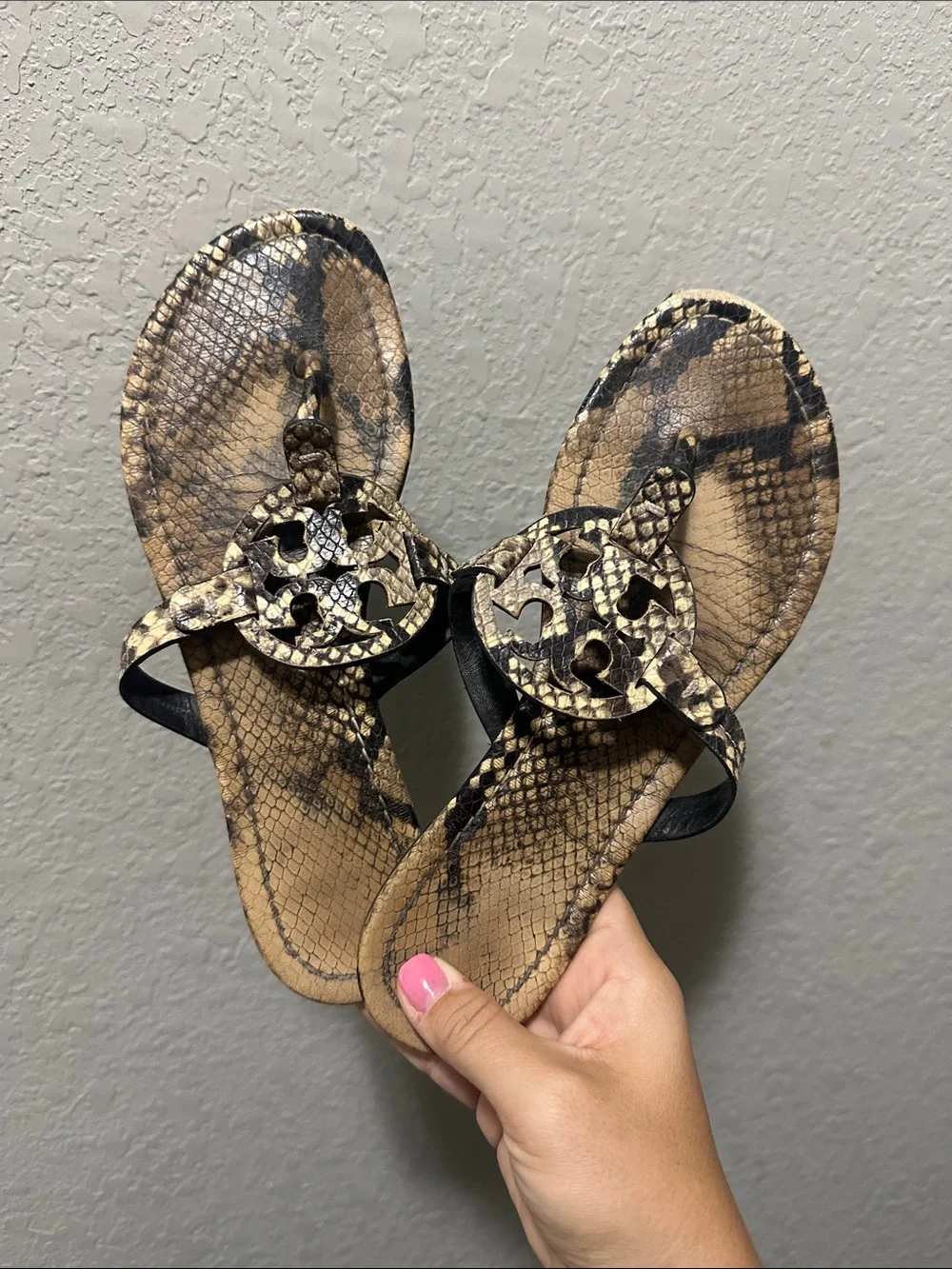 Tory Burch Snake Print Miller Sandals in Tan and Black